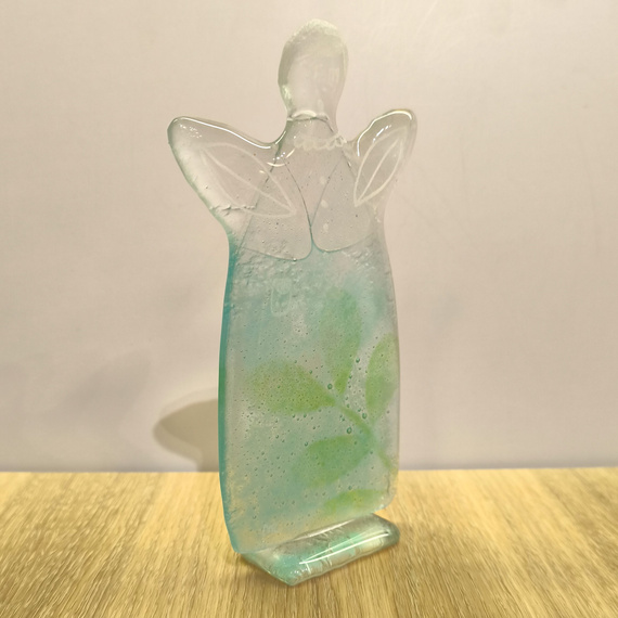 ANIOŁEK szklany błękitny z zieloną gałązką