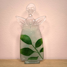 ANIOŁEK szklany przezroczysty z zieloną gałązka