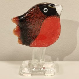 WRÓBELEK szklany mały czarno-czerwony