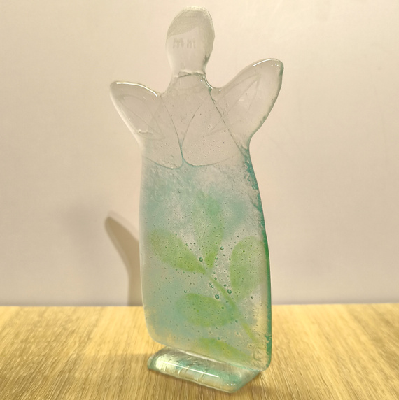 ANIOŁEK szklany błękitny z zieloną gałązką