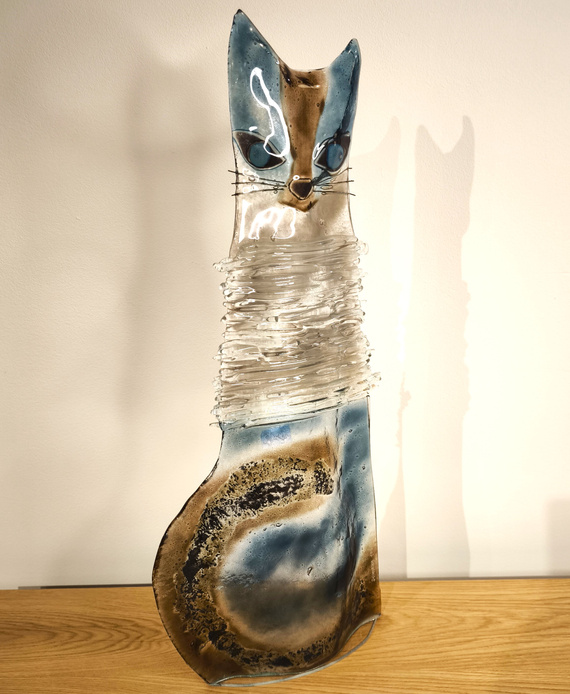 KOT szklany niebiesko-brązowy duży