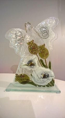 ANIOŁ szklany biały z kwiatami