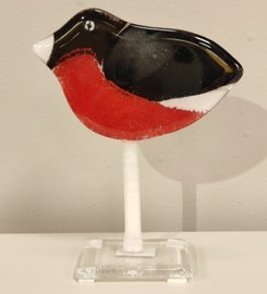 WRÓBELEK szklany duży czarno-czerwony