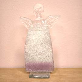 ANIOŁEK szklany biały z fioletowym akcentem