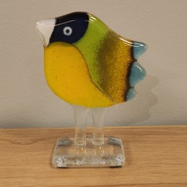 WRÓBELEK szklany mały czarno-żółto-zielony