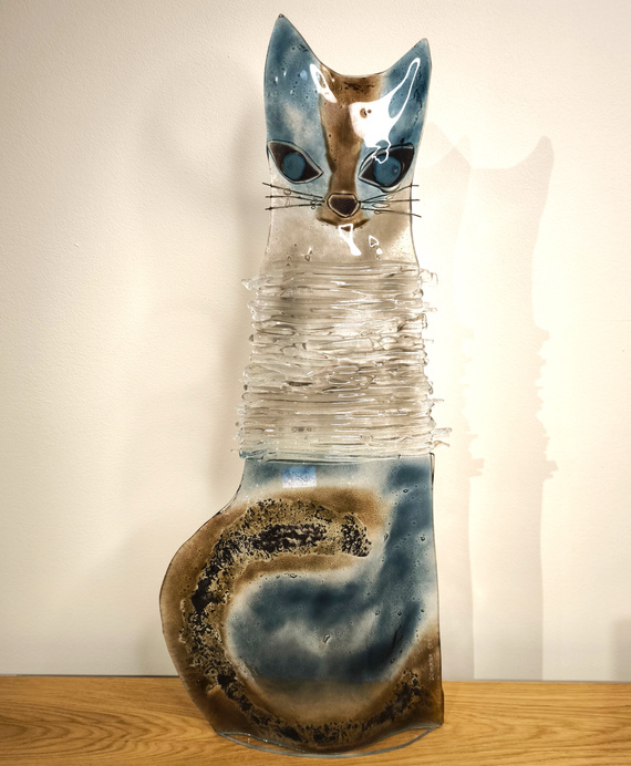 KOT szklany niebiesko-brązowy duży