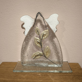 ANIOŁ szklany mały  ze złotą gałązką