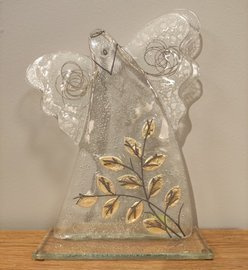 ANIOŁ szklany biały ze złotą gałązką