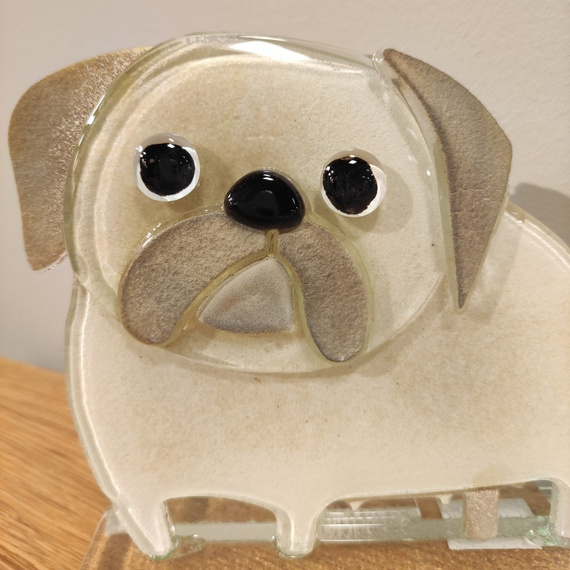 PIES MOPS szklany biało-brązowy