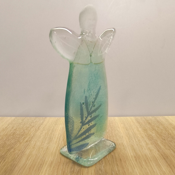 ANIOŁEK szklany błękitny z zieloną gałązka